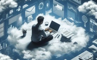 a person working on a laptop, surrounded by clouds of files